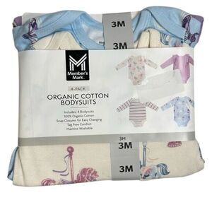 NWT Members Mark Baby 4 Cotton Long Sleeve Bodysuits Pink Purple Blue - Size 3M